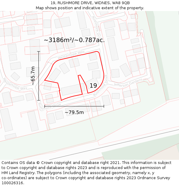 19, RUSHMORE DRIVE, WIDNES, WA8 9QB: Plot and title map