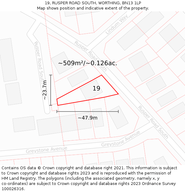 19, RUSPER ROAD SOUTH, WORTHING, BN13 1LP: Plot and title map