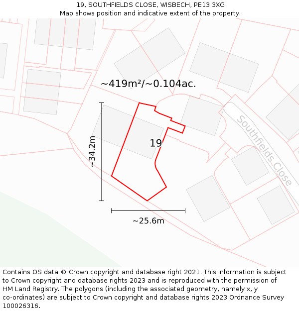 19, SOUTHFIELDS CLOSE, WISBECH, PE13 3XG: Plot and title map