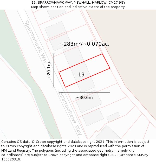 19, SPARROWHAWK WAY, NEWHALL, HARLOW, CM17 9GY: Plot and title map