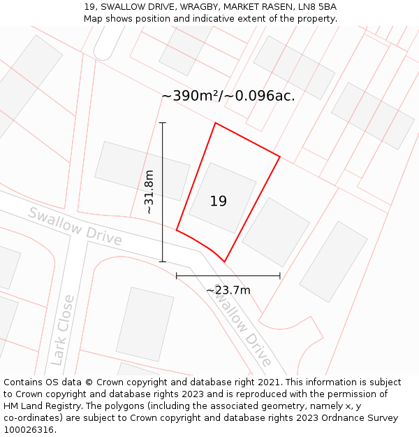 19, SWALLOW DRIVE, WRAGBY, MARKET RASEN, LN8 5BA: Plot and title map