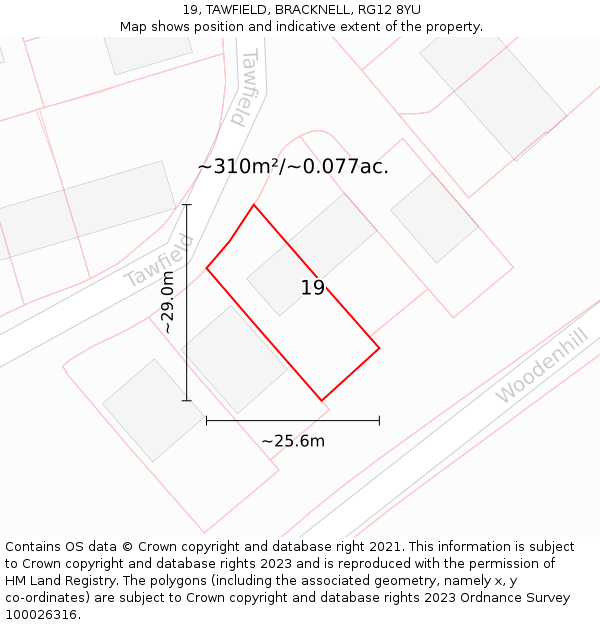 19, TAWFIELD, BRACKNELL, RG12 8YU: Plot and title map