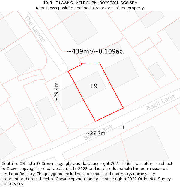 19, THE LAWNS, MELBOURN, ROYSTON, SG8 6BA: Plot and title map