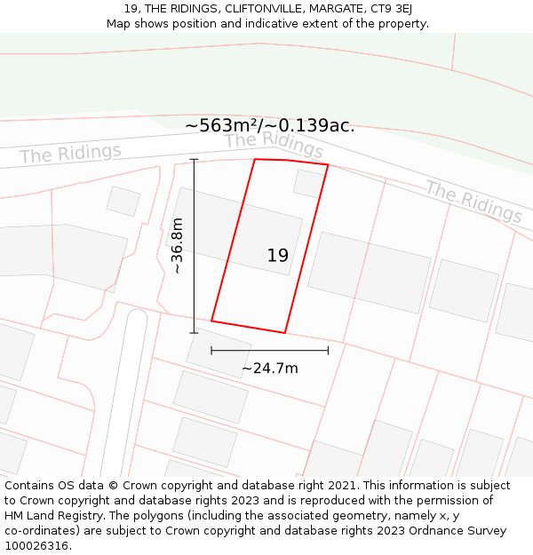 19, THE RIDINGS, CLIFTONVILLE, MARGATE, CT9 3EJ: Plot and title map