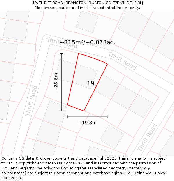 19, THRIFT ROAD, BRANSTON, BURTON-ON-TRENT, DE14 3LJ: Plot and title map