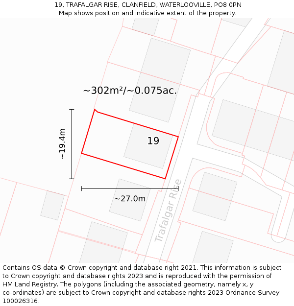 19, TRAFALGAR RISE, CLANFIELD, WATERLOOVILLE, PO8 0PN: Plot and title map