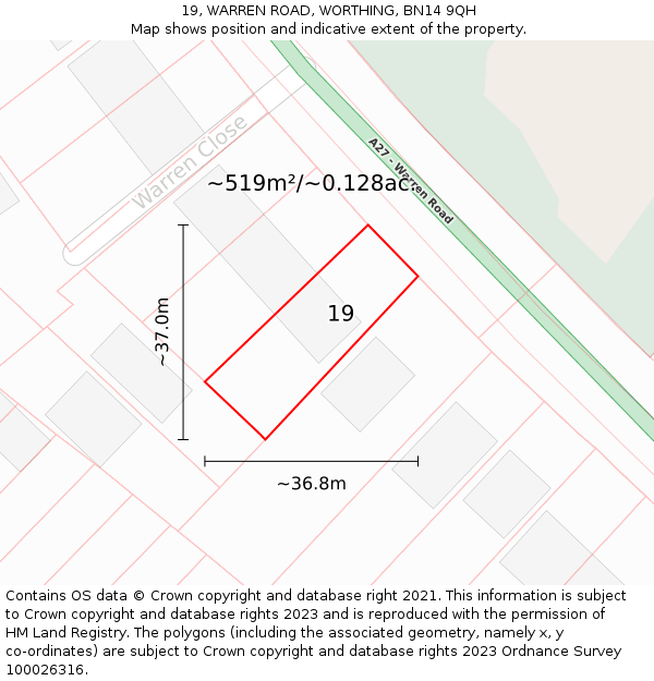 19, WARREN ROAD, WORTHING, BN14 9QH: Plot and title map