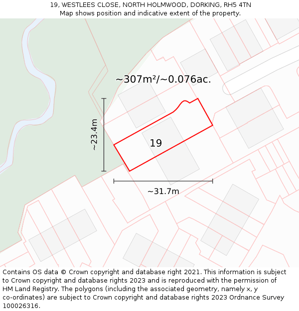 19, WESTLEES CLOSE, NORTH HOLMWOOD, DORKING, RH5 4TN: Plot and title map