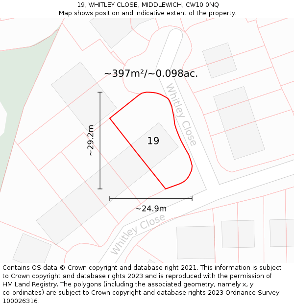 19, WHITLEY CLOSE, MIDDLEWICH, CW10 0NQ: Plot and title map