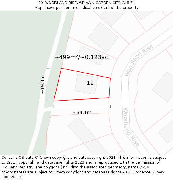 19, WOODLAND RISE, WELWYN GARDEN CITY, AL8 7LJ: Plot and title map