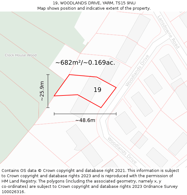 19, WOODLANDS DRIVE, YARM, TS15 9NU: Plot and title map