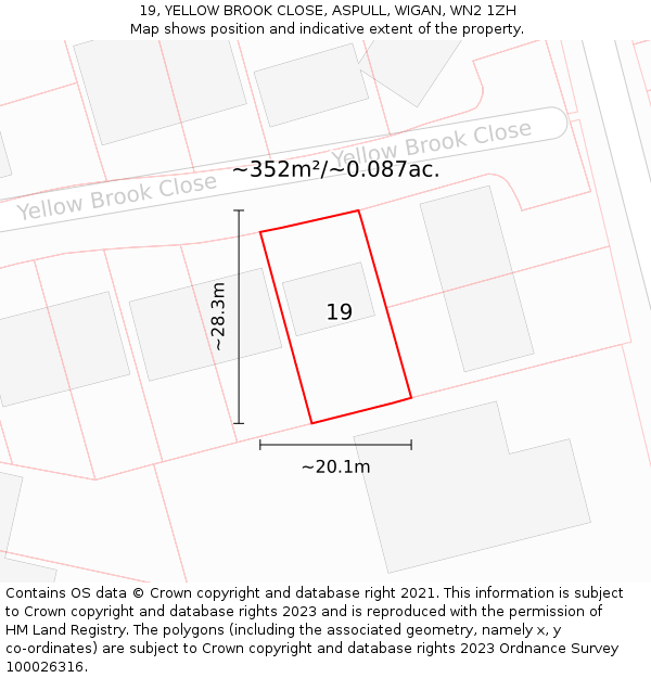 19, YELLOW BROOK CLOSE, ASPULL, WIGAN, WN2 1ZH: Plot and title map