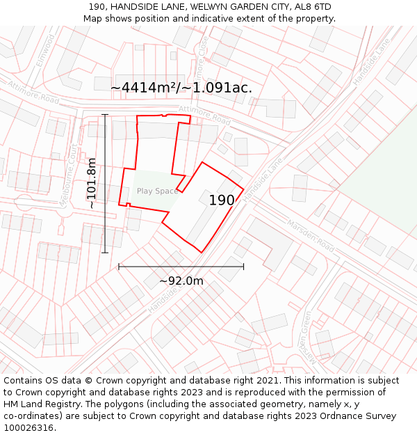 190, HANDSIDE LANE, WELWYN GARDEN CITY, AL8 6TD: Plot and title map