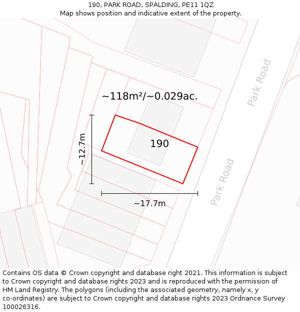 190, PARK ROAD, SPALDING, PE11 1QZ: Plot and title map