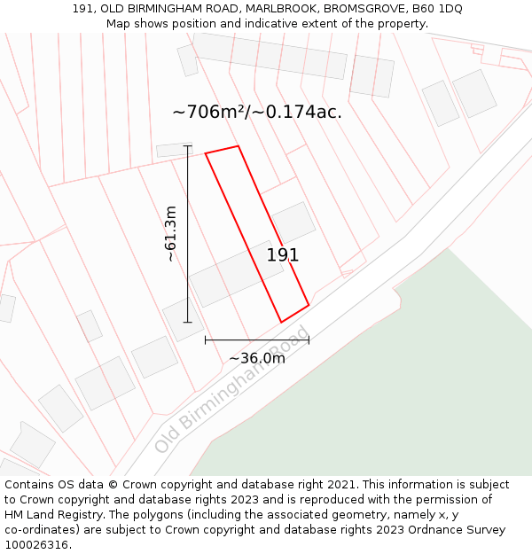 191, OLD BIRMINGHAM ROAD, MARLBROOK, BROMSGROVE, B60 1DQ: Plot and title map