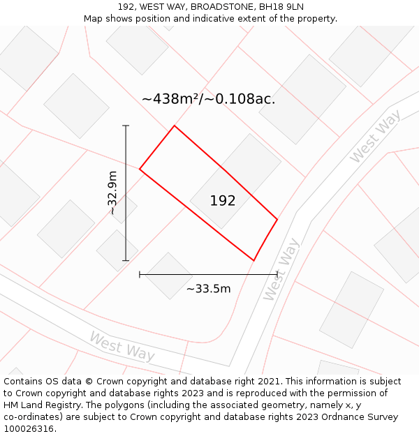 192, WEST WAY, BROADSTONE, BH18 9LN: Plot and title map