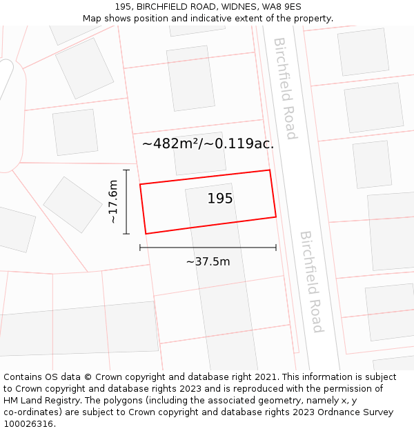 195, BIRCHFIELD ROAD, WIDNES, WA8 9ES: Plot and title map