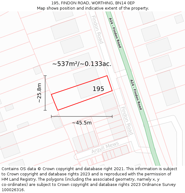 195, FINDON ROAD, WORTHING, BN14 0EP: Plot and title map