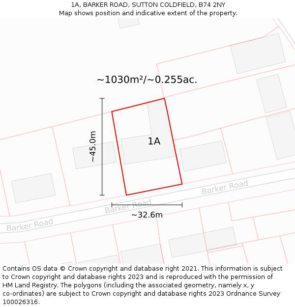 1A, BARKER ROAD, SUTTON COLDFIELD, B74 2NY: Plot and title map