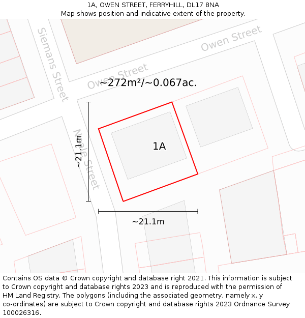 1A, OWEN STREET, FERRYHILL, DL17 8NA: Plot and title map