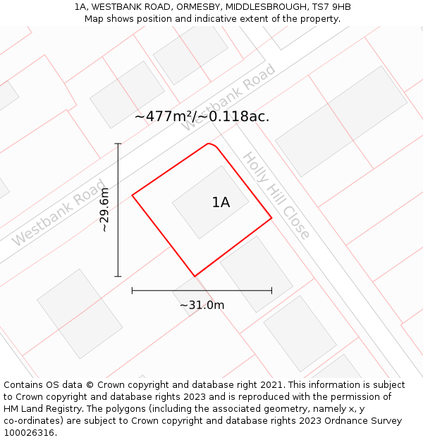 1A, WESTBANK ROAD, ORMESBY, MIDDLESBROUGH, TS7 9HB: Plot and title map