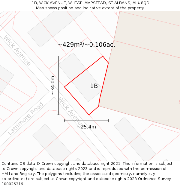 1B, WICK AVENUE, WHEATHAMPSTEAD, ST ALBANS, AL4 8QD: Plot and title map