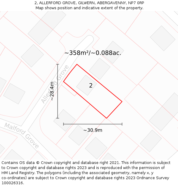 2, ALLERFORD GROVE, GILWERN, ABERGAVENNY, NP7 0RP: Plot and title map