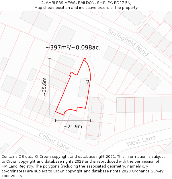 2, AMBLERS MEWS, BAILDON, SHIPLEY, BD17 5NJ: Plot and title map