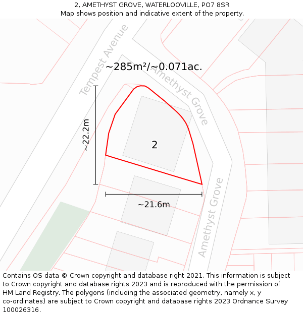 2, AMETHYST GROVE, WATERLOOVILLE, PO7 8SR: Plot and title map