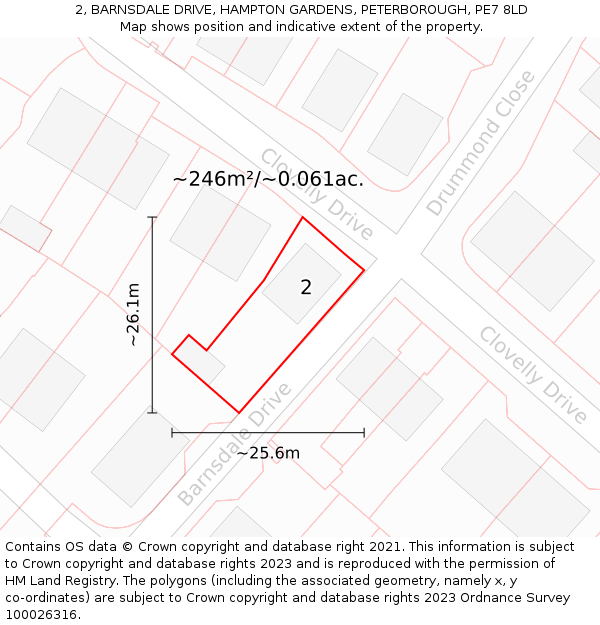 2, BARNSDALE DRIVE, HAMPTON GARDENS, PETERBOROUGH, PE7 8LD: Plot and title map