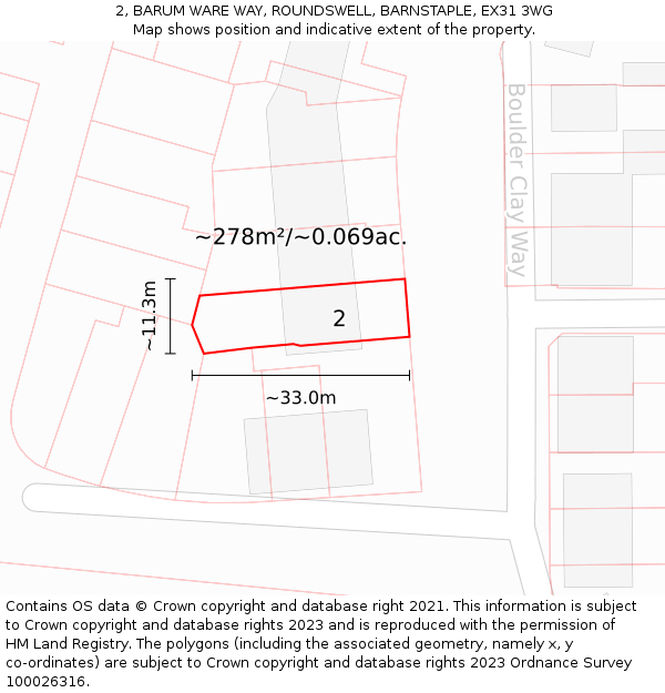 2, BARUM WARE WAY, ROUNDSWELL, BARNSTAPLE, EX31 3WG: Plot and title map