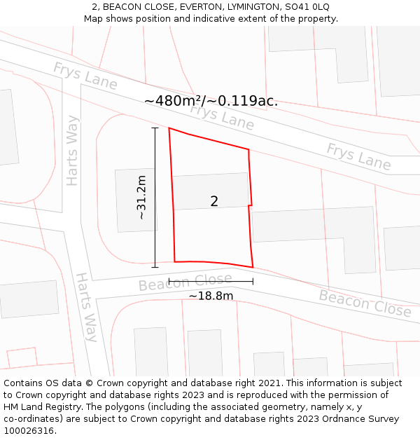 2, BEACON CLOSE, EVERTON, LYMINGTON, SO41 0LQ: Plot and title map