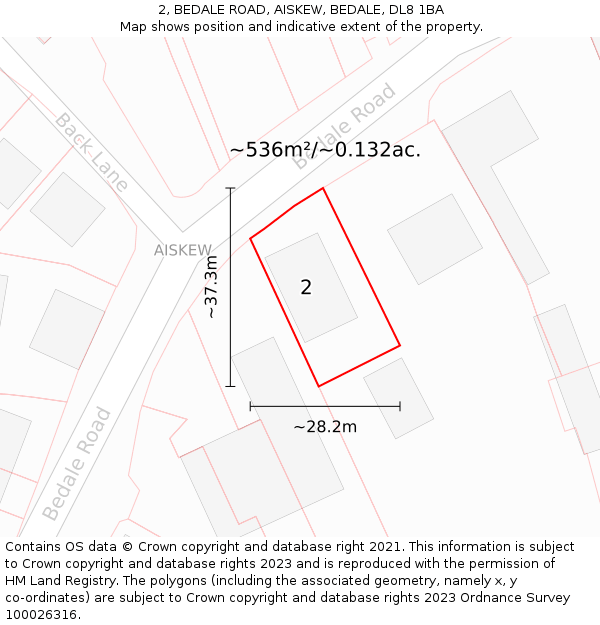 2, BEDALE ROAD, AISKEW, BEDALE, DL8 1BA: Plot and title map