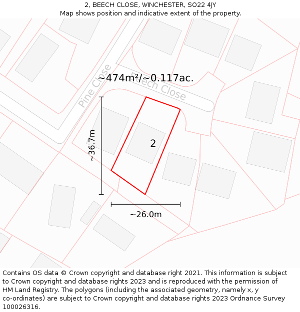 2, BEECH CLOSE, WINCHESTER, SO22 4JY: Plot and title map