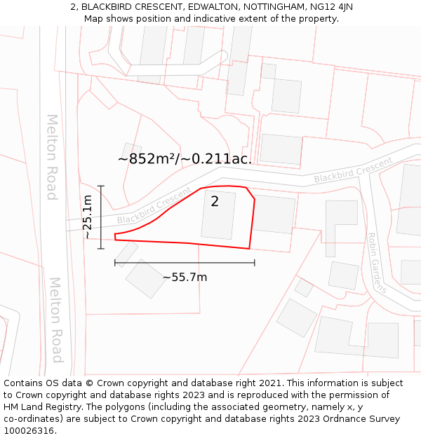 2, BLACKBIRD CRESCENT, EDWALTON, NOTTINGHAM, NG12 4JN: Plot and title map