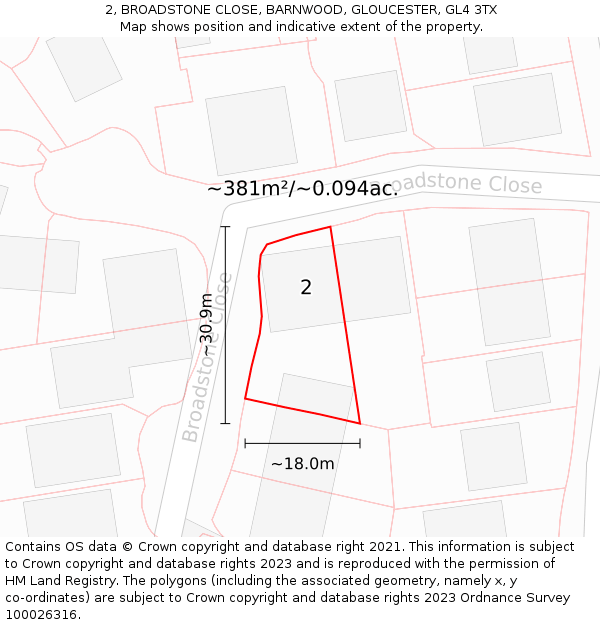 2, BROADSTONE CLOSE, BARNWOOD, GLOUCESTER, GL4 3TX: Plot and title map