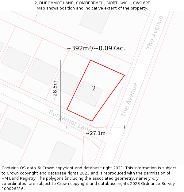 2, BURGAMOT LANE, COMBERBACH, NORTHWICH, CW9 6PB: Plot and title map