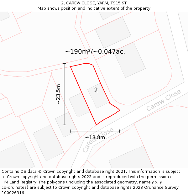 2, CAREW CLOSE, YARM, TS15 9TJ: Plot and title map