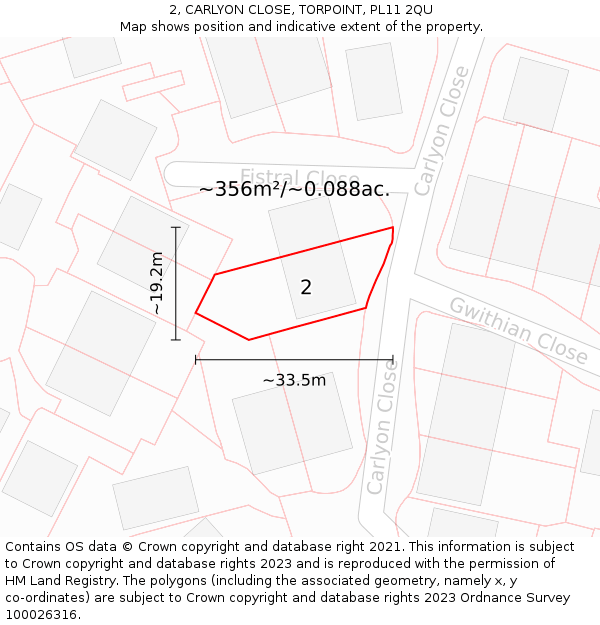 2, CARLYON CLOSE, TORPOINT, PL11 2QU: Plot and title map