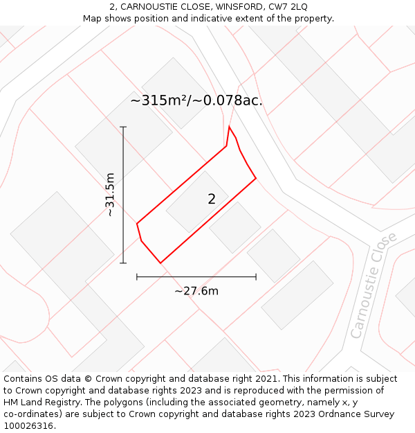 2, CARNOUSTIE CLOSE, WINSFORD, CW7 2LQ: Plot and title map