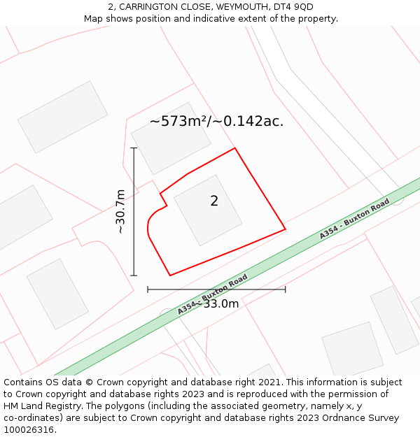 2, CARRINGTON CLOSE, WEYMOUTH, DT4 9QD: Plot and title map