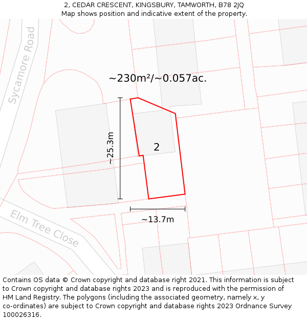 2, CEDAR CRESCENT, KINGSBURY, TAMWORTH, B78 2JQ: Plot and title map