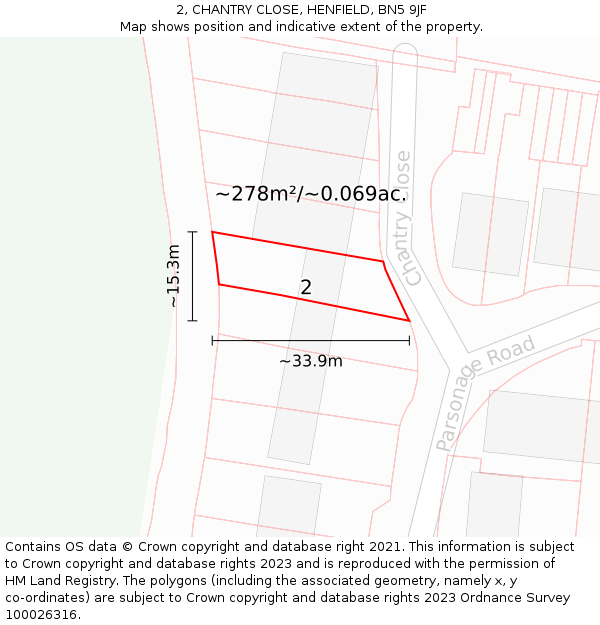 2, CHANTRY CLOSE, HENFIELD, BN5 9JF: Plot and title map