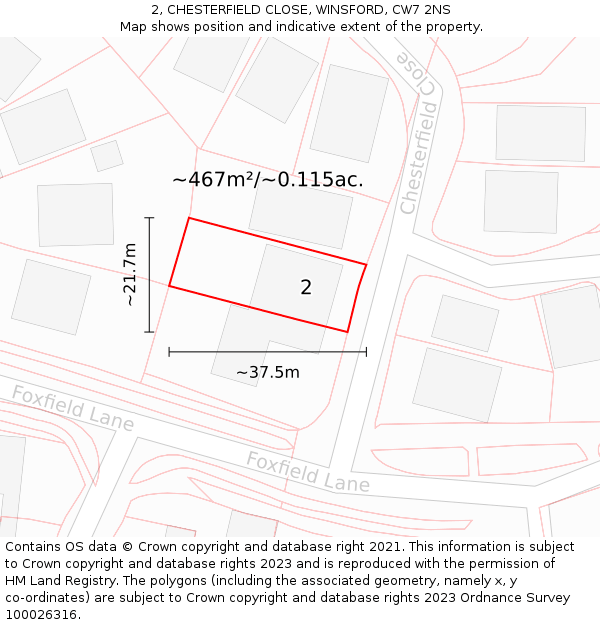 2, CHESTERFIELD CLOSE, WINSFORD, CW7 2NS: Plot and title map