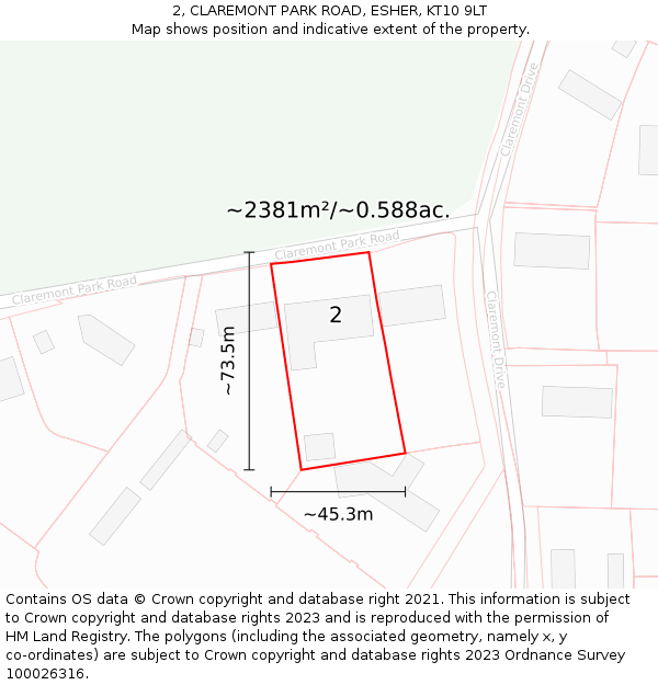 2, CLAREMONT PARK ROAD, ESHER, KT10 9LT: Plot and title map