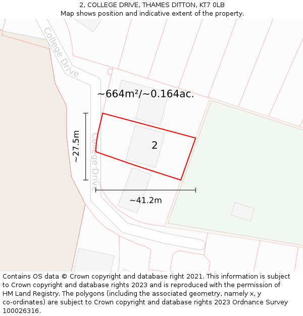 2, COLLEGE DRIVE, THAMES DITTON, KT7 0LB: Plot and title map