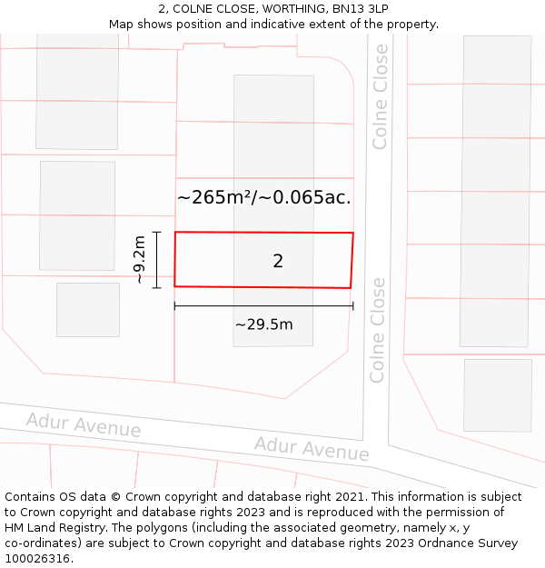 2, COLNE CLOSE, WORTHING, BN13 3LP: Plot and title map