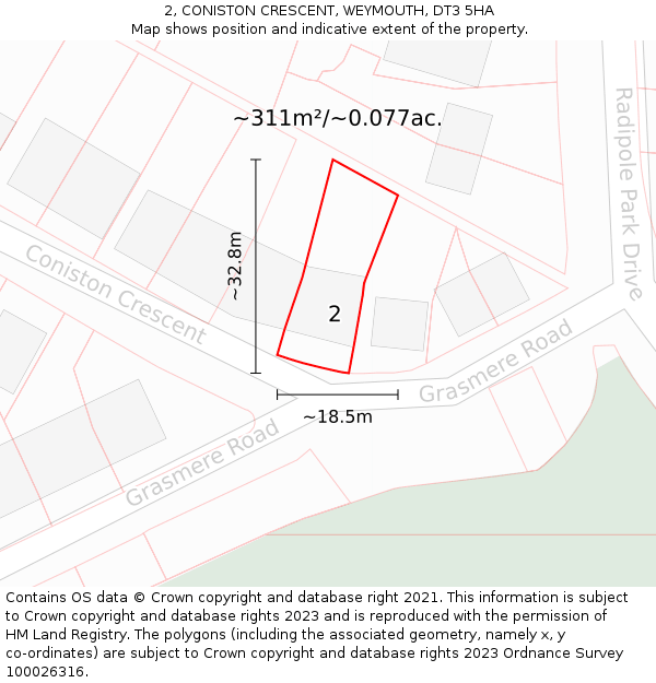 2, CONISTON CRESCENT, WEYMOUTH, DT3 5HA: Plot and title map
