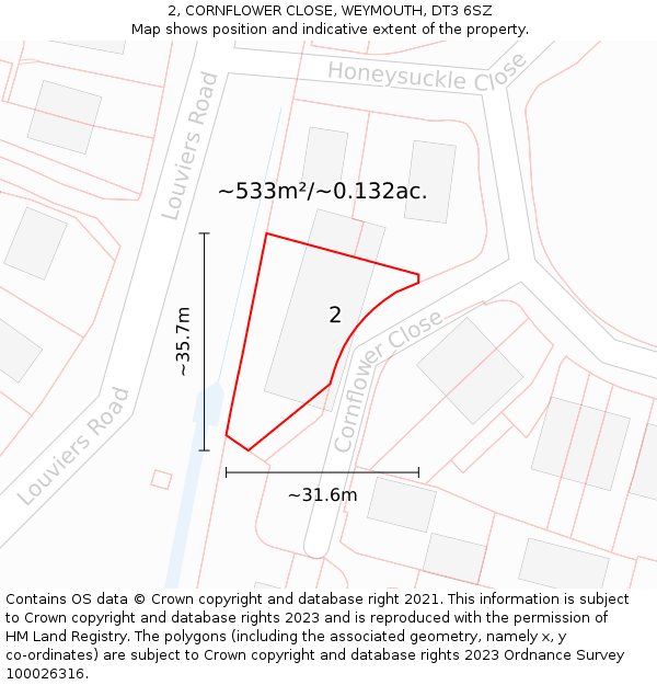 2, CORNFLOWER CLOSE, WEYMOUTH, DT3 6SZ: Plot and title map