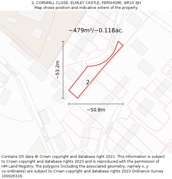 2, CORNMILL CLOSE, ELMLEY CASTLE, PERSHORE, WR10 3JH: Plot and title map